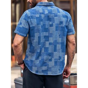 2025 Camisa vaquera de verano Hippie informal de manga corta para hombre con botones y diseño de retazos - Product Image 3