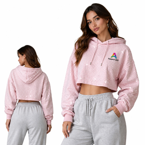Sudadera con capucha para mujer, con logo bordado, estilo crop, personalizada con lentejuelas y estampado de puntos, mezcla de forro polar, jersey casual, fabricante OEM - Product Image 1