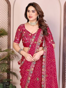 Sari de Seda Rosa Bordado con Diseño Floral, Traje Tradicional Indio y Pakistaní para Bodas, Largo hasta el Suelo, Corte Regular - Product Image 2
