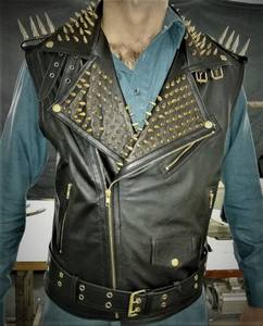 Unisex Genuine Cowhide Canvas Nonwoven Moto Vest V-Neck Rivet Decorated <b>Sleeveless</b> Black Winter Windproof Heated Satin Zipper - Product Image 3