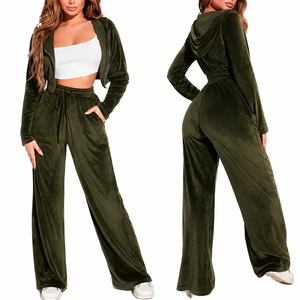 Ensemble de survêtement 2 pièces en velours noir pour femme, sweat à capuche zippé à manches longues et pantalon large, tenue décontractée - Product Image 4