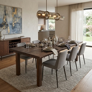 Table à manger rectangulaire en teck massif, finition brun noyer foncé, mobilier de cuisine moderne minimaliste, grand ensemble de table de cuisine - Product Image 5