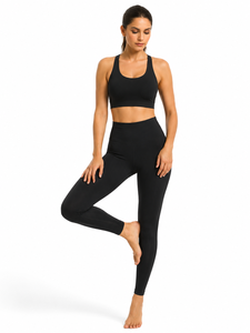 Ensemble de yoga 2 pièces : Crop top dos nageur col rond et Legging taille haute longueur intégrale, avec surpiqûres contrastées, sans coutures, écologique - Product Image 3