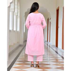 Ensemble coordonné décontracté en voile de coton rose, taille XS, tissu en mousseline, haut à manches trois-quarts, style élégant - Product Image 4