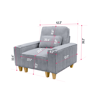 Fauteuil confortable à assise profonde en velours côtelé avec porte-gobelet en acier inoxydable brossé, fauteuil d'appoint pour salon avec coussin décoratif - Product Image 4