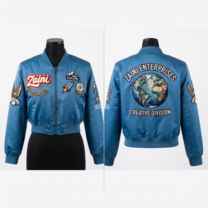 Chaqueta Bomber Corta de Satén de Poliéster Premium de 280 GSM para Mujer, con Paneles Acanalados Azules, Parche de Chenilla y Logotipo Personalizado Bordado - Product Image 1