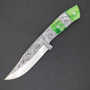 Wholesale Damascus Steel Hunting Knife Engraved Brass and Copper Handle Hunting Knife with Cow Leather - Product Image 2