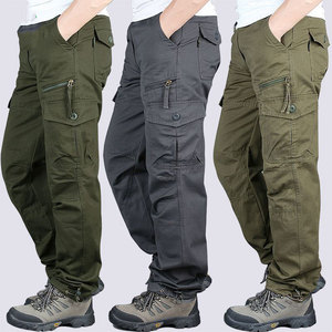 Pantalon cargo pour homme, taille élastique, plusieurs poches, en toile, coupe droite décontractée, respirant, poids moyen, pour le printemps - Product Image 3