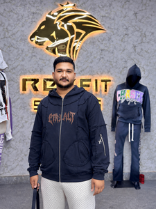 Men's Oversized <b>Zip</b>-<b>Up</b> <b>Hoodie</b> <b>Black</b> Cotton French Terry Streetwear Hooded Sweatshirt Autumn Style Letter Print Front Logo - Product Image 1