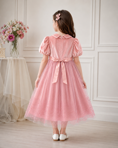 Vestido de Fiesta Formal para Niñas, Color Rosa, Terciopelo, Corte en A, con Mangas Abullonadas, Lazo y Falda de Tul Estampada - Product Image 5
