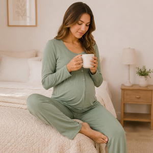 Pantalon de pyjama de maternité pour femme, coupe ample, longueur intégrale, couleur unie, respirant, 95% Modal 5% Spandex, bas de pyjama, printemps, ton naturel - Product Image 3