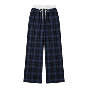 <b>Women's</b> Casual Plaid Wide Leg Pants Mid Waist Drawstring <b>Loose</b> Fit Full Length <b>Trousers</b> - Product Image 5