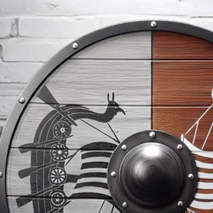 Bouclier en bois de style viking traditionnel, design nordique rond, fait main, pour costume historique et décoration murale - Product Image 6