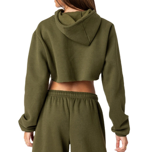 Moda 2026: Conjuntos cortos de sudaderas con capucha tipo crop top para mujer, sudaderas con capucha crop top lisas personalizables para mujer, hechas de algodón. - Product Image 3