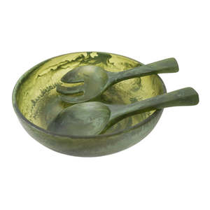 Juego de ensaladera de resina de mármol blanco perla, hecho a mano y de lujo, con cuchara y tenedor a juego, apto para alimentos. - Product Image 2