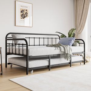 Struttura Letto a Giorno Matrimoniale in Metallo Rinforzato con Letto Estraibile, Supporto a Doghe in Acciaio, Piattaforma Divano Letto con Testiera, Nessun Box Spring Necessario - Product Image 2
