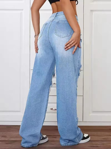 Jean baggy déchiré taille haute pour femme, coupe large, en denim, style streetwear décontracté, mode, OEM, personnalisé, vente en gros - Product Image 6