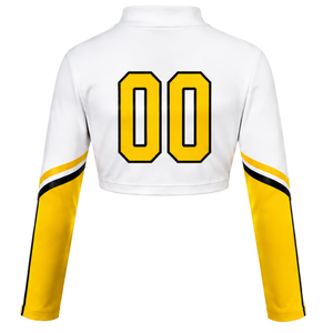 Yellow White Sublimated Cheer <b>Long</b> Sleeve Uniform Set Pleated <b>Skirt</b> Team Athletic Sportswear Training Practice Performance - Product Image 2