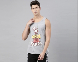 Débardeur sans manches gris pour homme avec imprimé de dessin animé Chul Bul Panda, col rond, style décontracté, 100% coton, tissu tricoté respirant - Product Image 1