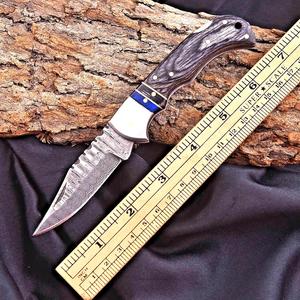 Cuchillo Plegable de Acero de Damasco con Patrón de Escalera, Bloqueo Trasero, Mango de Madera Pakka, Funda, Cuchillo EDC de Bolsillo para Camping, OEM, Venta Caliente - Product Image 4