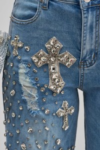 Splendid Apparel - Jeans de mezclilla bohemios con tachuelas y efecto desgastado, de pierna ancha, cintura alta, ajuste holgado, largo completo, azul vintage, color liso para mujer - Product Image 5