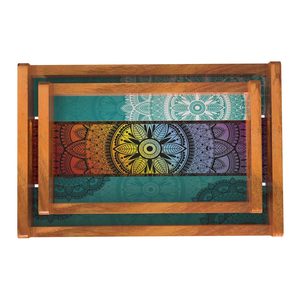 Juego de 2 bandejas de madera impresas de alta calidad, plato de madera hecho a mano con asas, bandeja decorativa para servir postres - Product Image 5