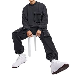 Conjunto de Sudadera con Capucha y Pantalones Deportivos Negros Personalizados, Estilo Desgastado por el Sol, Dos Piezas, Ropa Deportiva Urbana para Hombre - Product Image 2