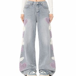 Jeans de mezclilla de cintura alta con parche de corazón estilo hip hop para mujer, holgados, de pierna ancha, elegantes, cómodos, modernos, transpirables, vintage, 100% - Product Image 3