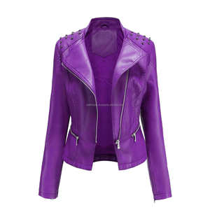 Purple Casual Biker Style <b>Leather</b> Women's Jackets with Round Studded Shoulders Slim Fit Asymmetrical Zipper and Pockets - Product Image 1