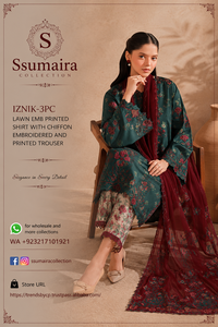 ชุดเดรสอานาร์กาลีแบบซัลวาร์ คามีซ พร้อมเสื้อเชิ้ตพิมพ์ลาย IZNIK-3PC LAWN EMB  ตกแต่งด้วยผ้าชีฟองปักลายและกางเกงพิมพ์ลาย - Product Image 6