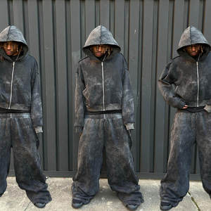 Ensemble sweat à capuche et pantalon délavé à l'acide, 100% coton tricoté, survêtement zippé en molleton - Product Image 4