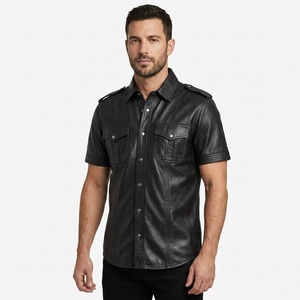 Camisa de Vestir Personalizada para Hombre, Negra, de Piel de Cordero Genuina, con Botones de Cuerno, Cuello Clásico, Diseño Sólido, Manga Corta, Corte Ajustado, Venta al Por Mayor - Product Image 1