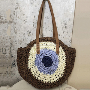 Handmade Brown Round <b>Straw</b> <b>Bag</b> Crochet Woven Tote with Blue and Cream Pattern, Vegan Leather Handles Ideal for Summer & Beach - Product Image 1