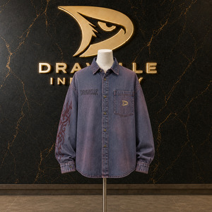 OEM Acid Wash Crimson Cotton Shirts For Roomy Unisex Cyber Y2K Streetwear Embroidered Logo Denim <b>Jacket</b> - Product Image 1
