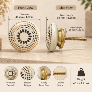 SHUBHAM Decorative <b>Ceramic</b> Cabinet <b>Knob</b> with Brass Base – Ivory Brown Gold Dotted Floral <b>Drawer</b> Pull Handle for Furniture - Product Image 6