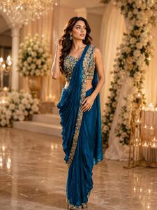 Elegant Purple Silk <b>Saree</b> With Gold Embroidery For Wedding Women Floor-Length Regular Fit Stretchable Indian Pakistani Style - Product Image 2