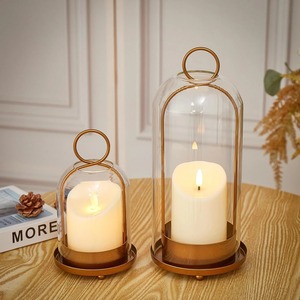 Brass <b>Hurricane</b> Lantern with Clear <b>Glass</b> Cylinder Flameless <b>Candle</b> <b>Holder</b> for Home Decoration - Product Image 1