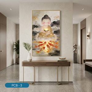 Impression sur toile HALO Bouddha, Paysage de poissons dorés, Cadre PCB-3, Style moderne, Cadre en verre trempé, Décoration intérieure en acrylique, Art moyen format - Product Image 3