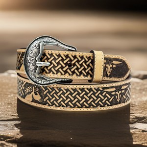 Ceinture en cuir de vachette de style western avec motif floral gravé à la main, au meilleur prix pour hommes et femmes, avec logo personnalisé - Product Image 3