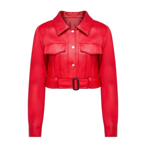 Red PU Leather Safari <b>Jacket</b> Turn-down Collar Full <b>Sleeve</b> Belt Closure Solid Color <b>Short</b> Length Utility Style Autumn Wear - Product Image 1