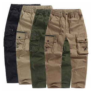 Pantalon de travail en coton lavé respirant et écologique, teint uni, coupe ample décontractée pour homme, style sarouel, grande taille, jambe droite - Product Image 1