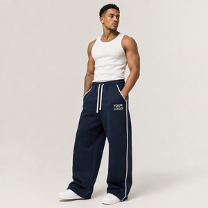 Most Selling <b>Men's</b> <b>Navy</b> Color Multipaneled Wide Leg Sweatpants Elastic Waist With Side Pockets Casual Cotton Fleece Fabric Pants - Product Image 3