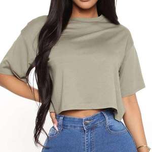 Women's Cropped T-Shirt Short Sleeve O-Neck Loose Fit Cotton Jersey Casual Solid Color Spring Summer <b>Top</b> - Product Image 3