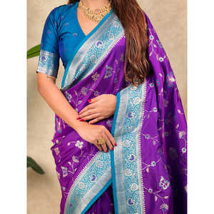 Sari en soie tissée Zari Jaal Banarasi violet Elite Weaves et foulard élégant avec motif tissé complexe 650g - Product Image 2