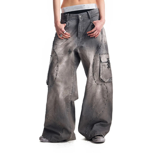 Jean cargo baggy en denim pour homme, coupe ample, jambe large, style streetwear, délavé, avec détails rivets, en coton épais, pantalon d'hiver - Product Image 4