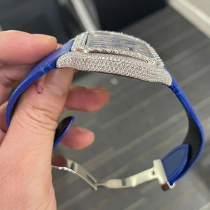 Luxury Blue Leather Strap Automatic Mechanical Sports <b>Watch</b> Half Iced Fully Hand <b>Set</b> VVS Moissanite Diamonds Stainless Analog - Product Image 2