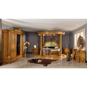 Juego de Dormitorio de Hotel de Lujo de Estilo Mid-Century en Madera de Teca Sólida con Cama King con Dosel Redondo, Armario, Mesitas de Noche y Tocador - Product Image 1