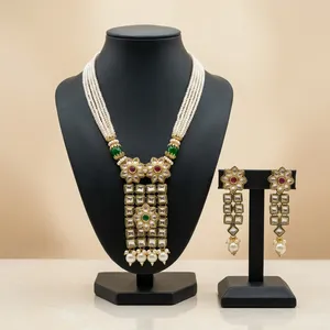 Ensemble de colliers Kundan perlés en gros, plaqué or, bijoux indiens de mariage et de fiançailles avec boucles d'oreilles pour femmes, tendance - Product Image 4