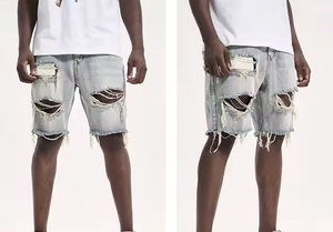Shorts en jean délavé personnalisé pour homme, style streetwear hip-hop, nouvelle mode, denim épais délavé à l'acide pour homme - Product Image 3
