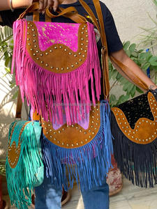 New Hair on Pink Metallic Suede Leather Fringe Cowhide Crescent Purses Women Fashionable Hot Selling Barrel Shaped Crossbody Bag - Product Image 3